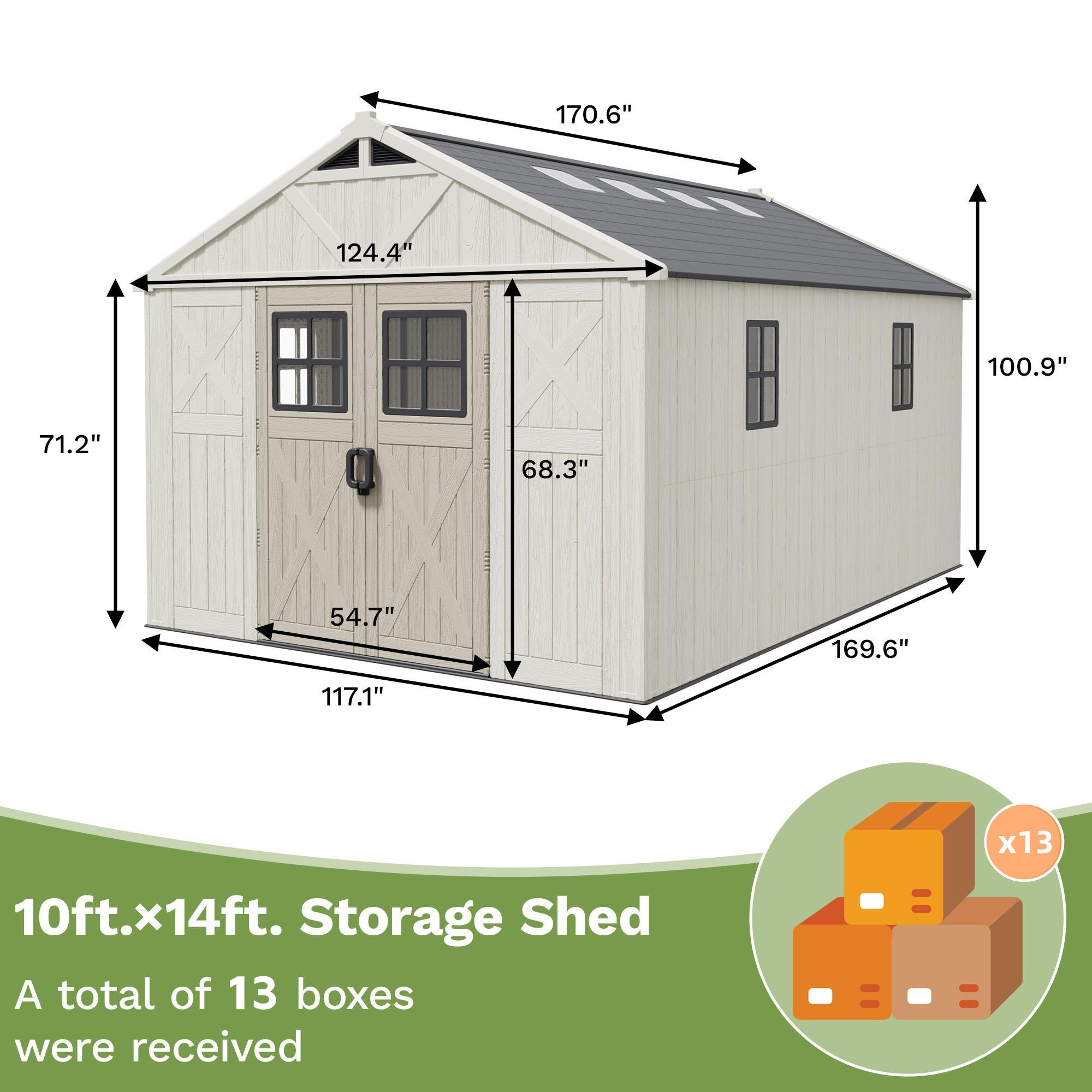 Patiowell 10x14 ft Kick-it Plastic Storage Shed with Skylight & Windows