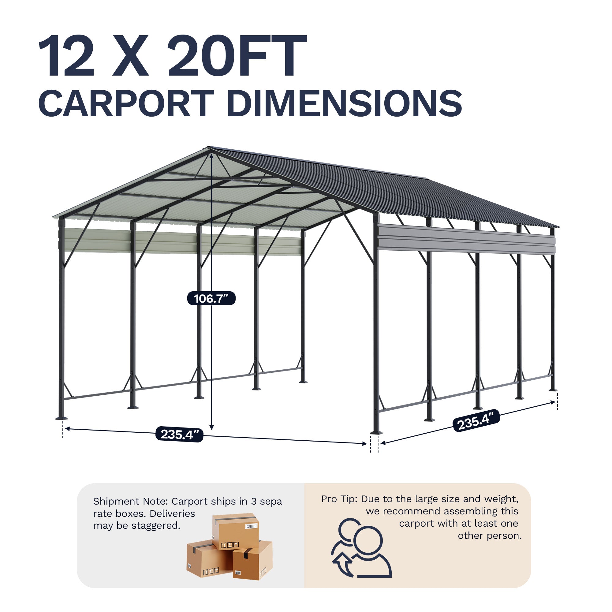 Patiowell 12'x20' Metal Carport with Vertical Roof, Black