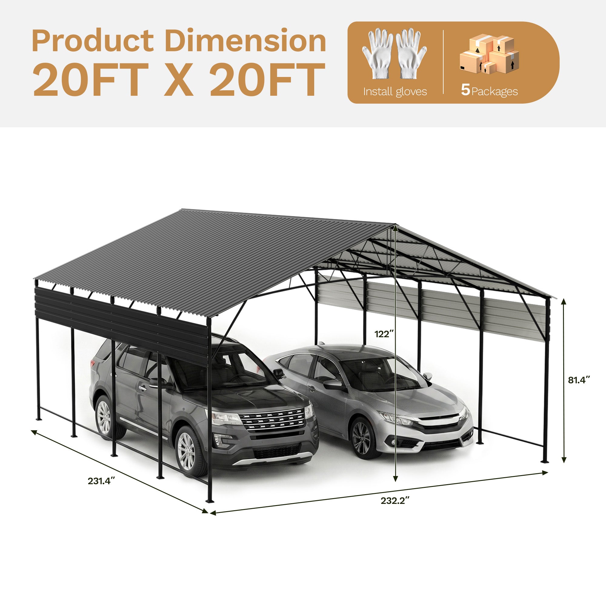 Patiowell 20x20 ft Outdoor Metal Carport, Black
