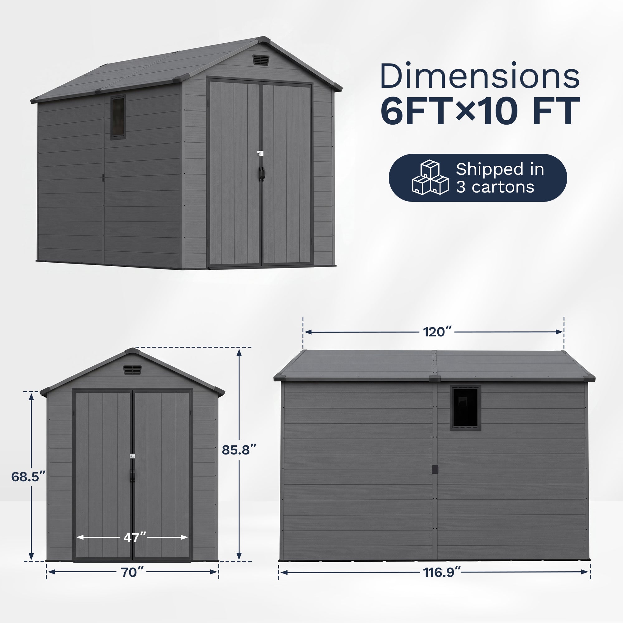 Patiowell 6x10 Plastic Shed with Window, Vent & Sloped Roof, Dark Gray