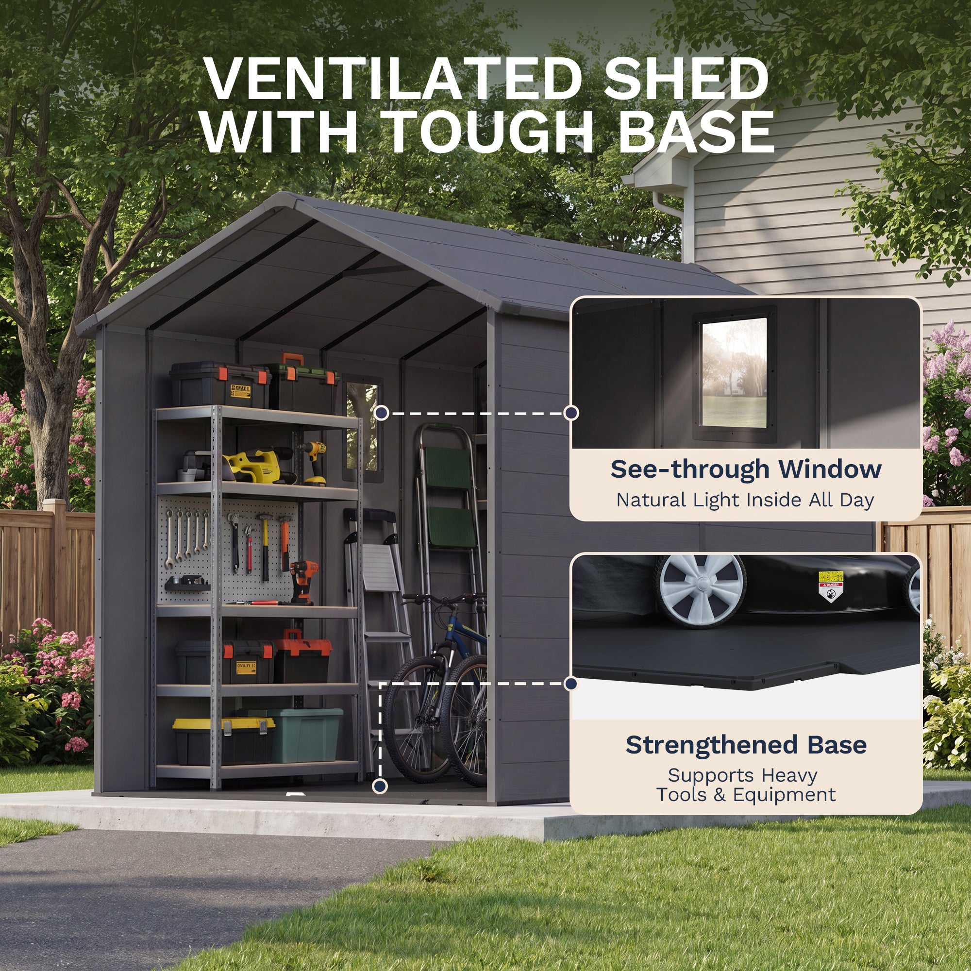 Patiowell 6x10 Plastic Shed with Window, Vent & Sloped Roof, Dark Gray