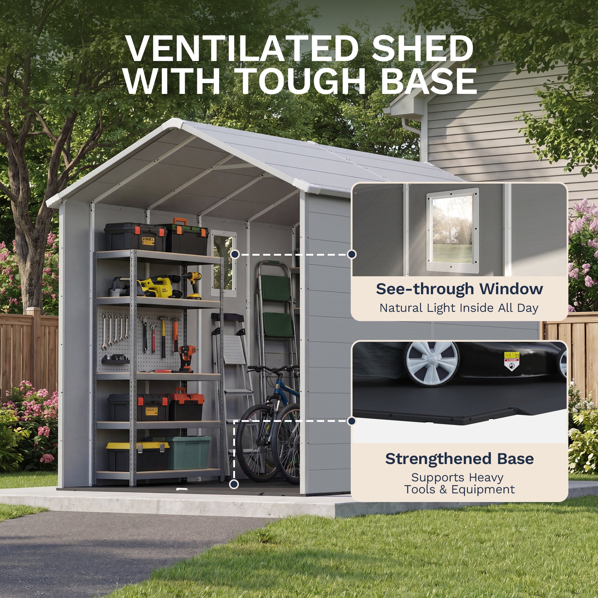 Patiowell 6x10 Plastic Shed with Window, Vent & Sloped Roof, Gray