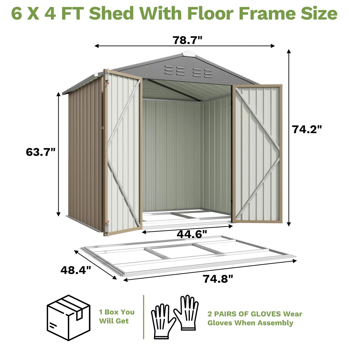 Patiowell 6x4 Metal Shed with Floor Frame, Brown
