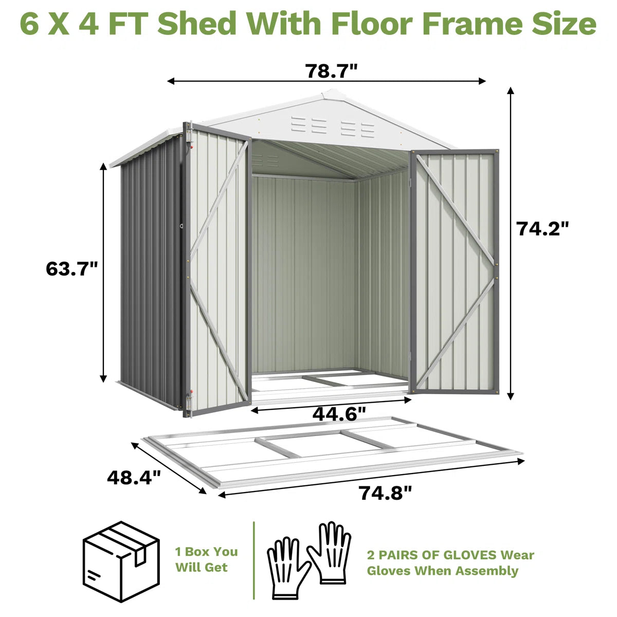 Patiowell 6x4 Metal Shed with Floor Frame, Gray