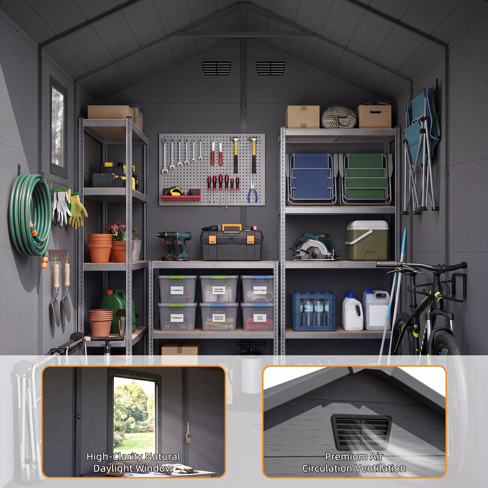Patiowell 6x6 Plastic Shed with Window, Vent & Sloped Roof, Dark Gray
