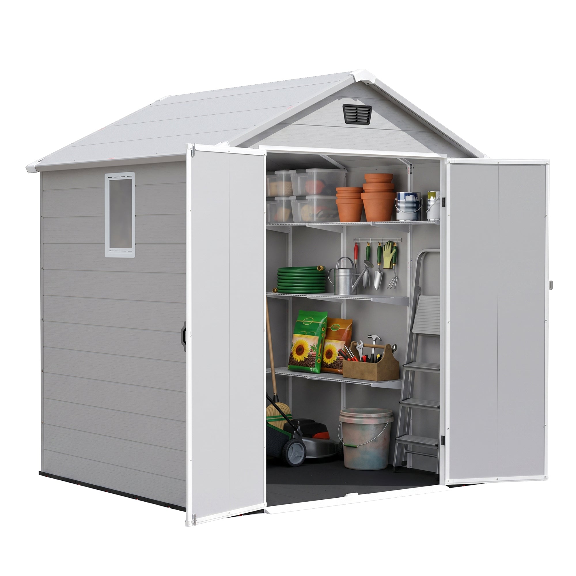 Patiowell 6x6 Plastic Shed with Window, Vent & Sloped Roof, Gray