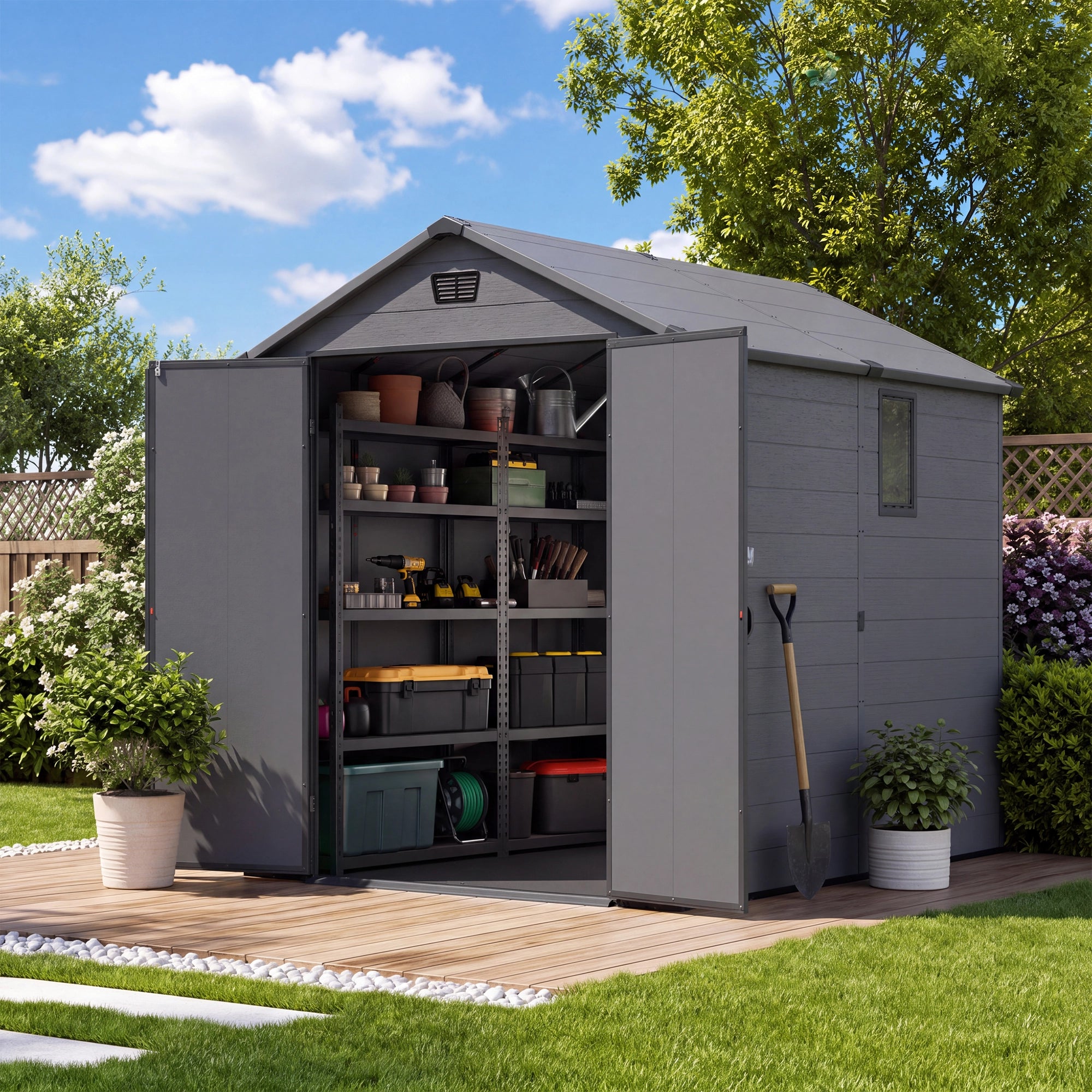 Patiowell 6x8 ft Plastic Shed with Vent, Window & Sloped Roof, Dark Gray