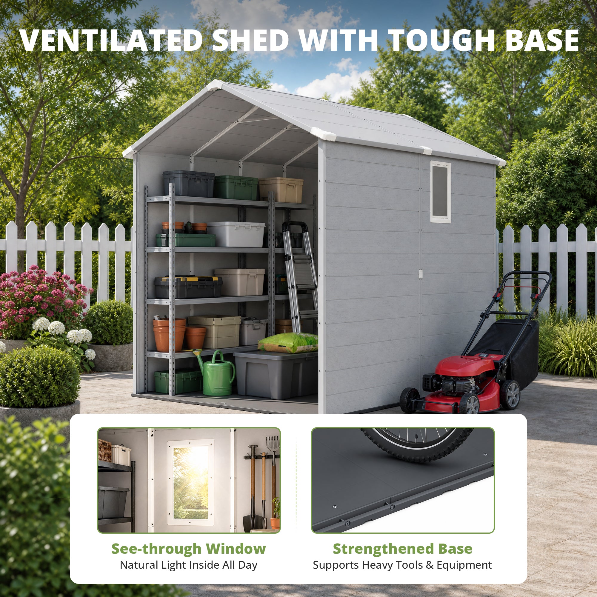 Patiowell 6x8 ft Plastic Shed with Vent, Window & Sloped Roof, Light Gray