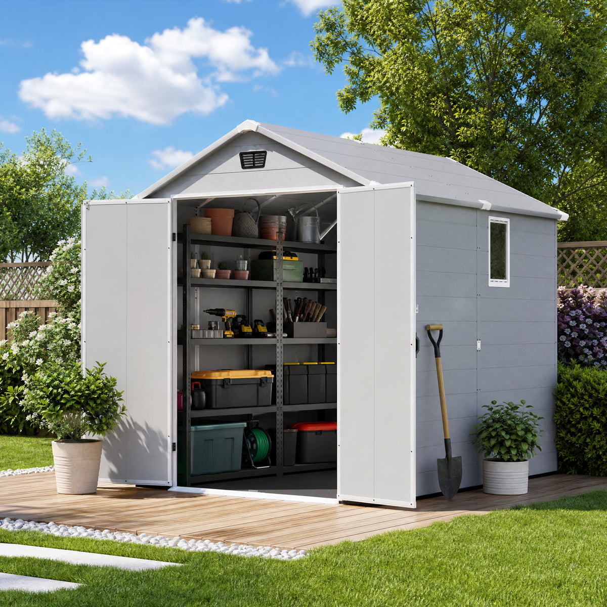 Patiowell 6x8 ft Plastic Shed with Vent, Window & Sloped Roof, Light Gray