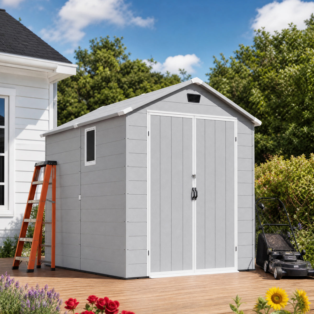 Patiowell 6x8 ft Plastic Shed with Vent, Window & Sloped Roof, Light Gray