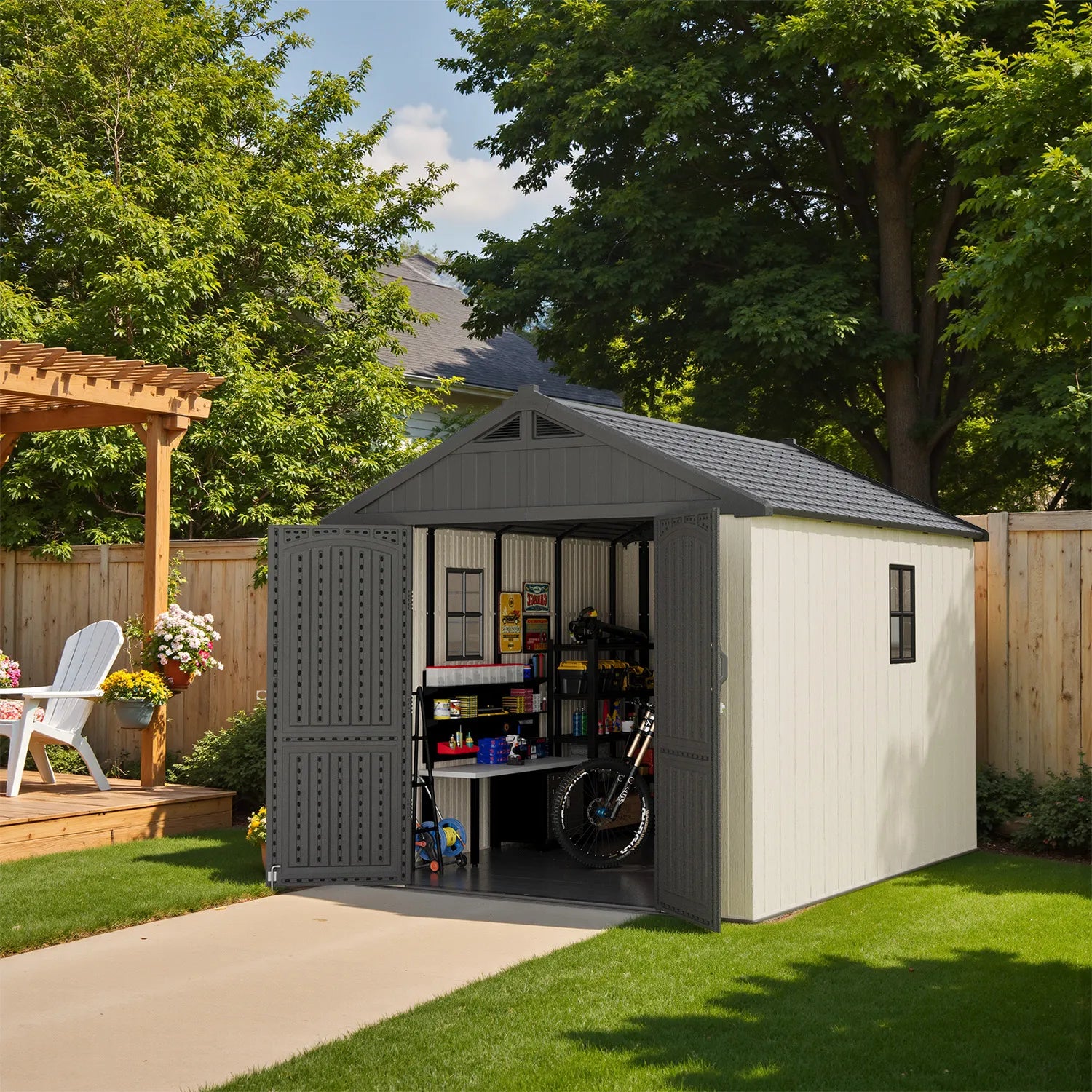 8x10_plastic_shed_for_storage_in_backyard
color:beige,gray white|Size:8x10