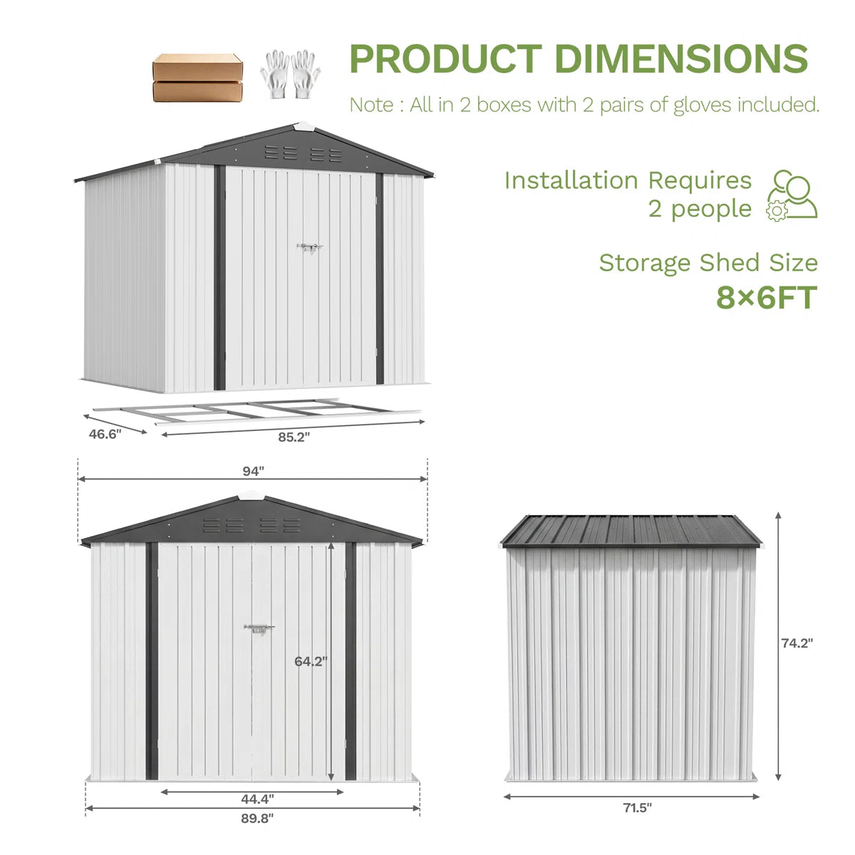 Patiowell 8x6 Metal Shed with Floor Frame, White