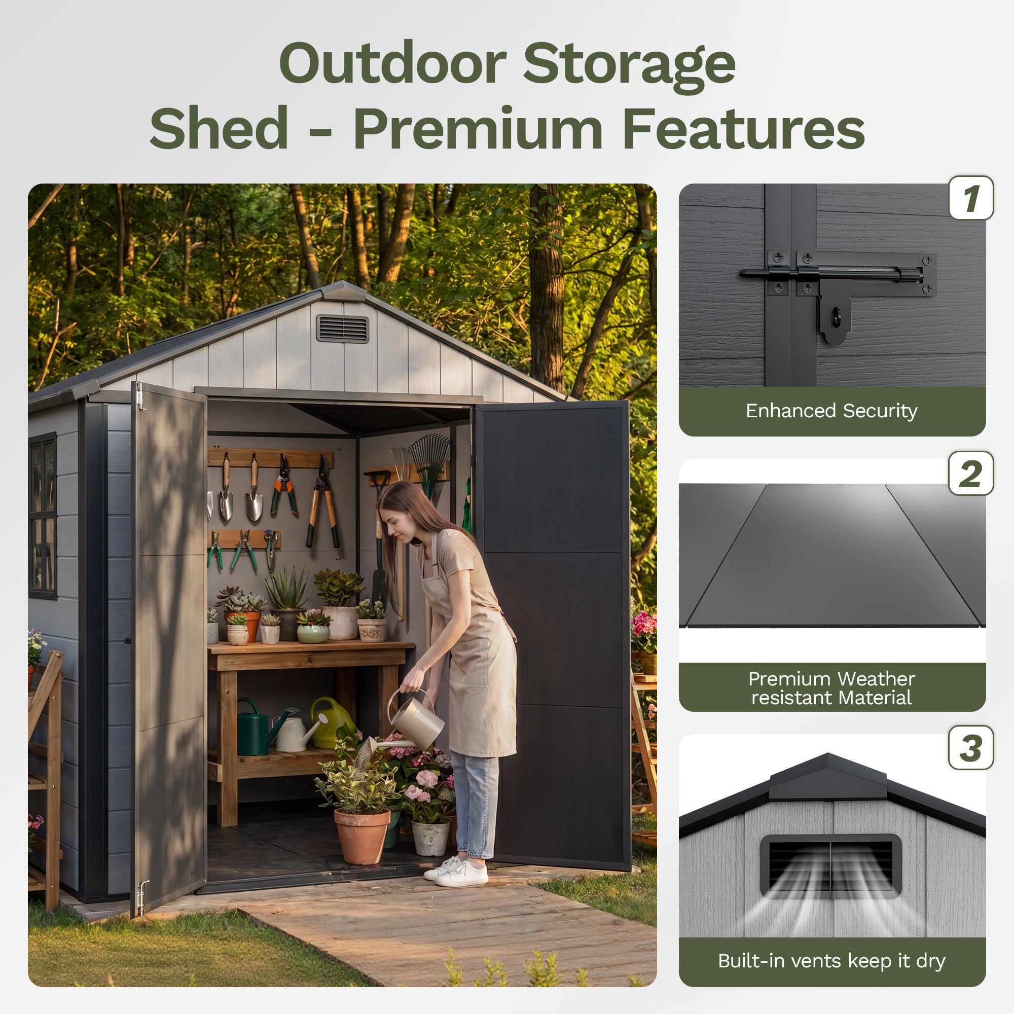 Patiowell 8x8 Plastic Storage Shed with Window and Lockable Door, Gray