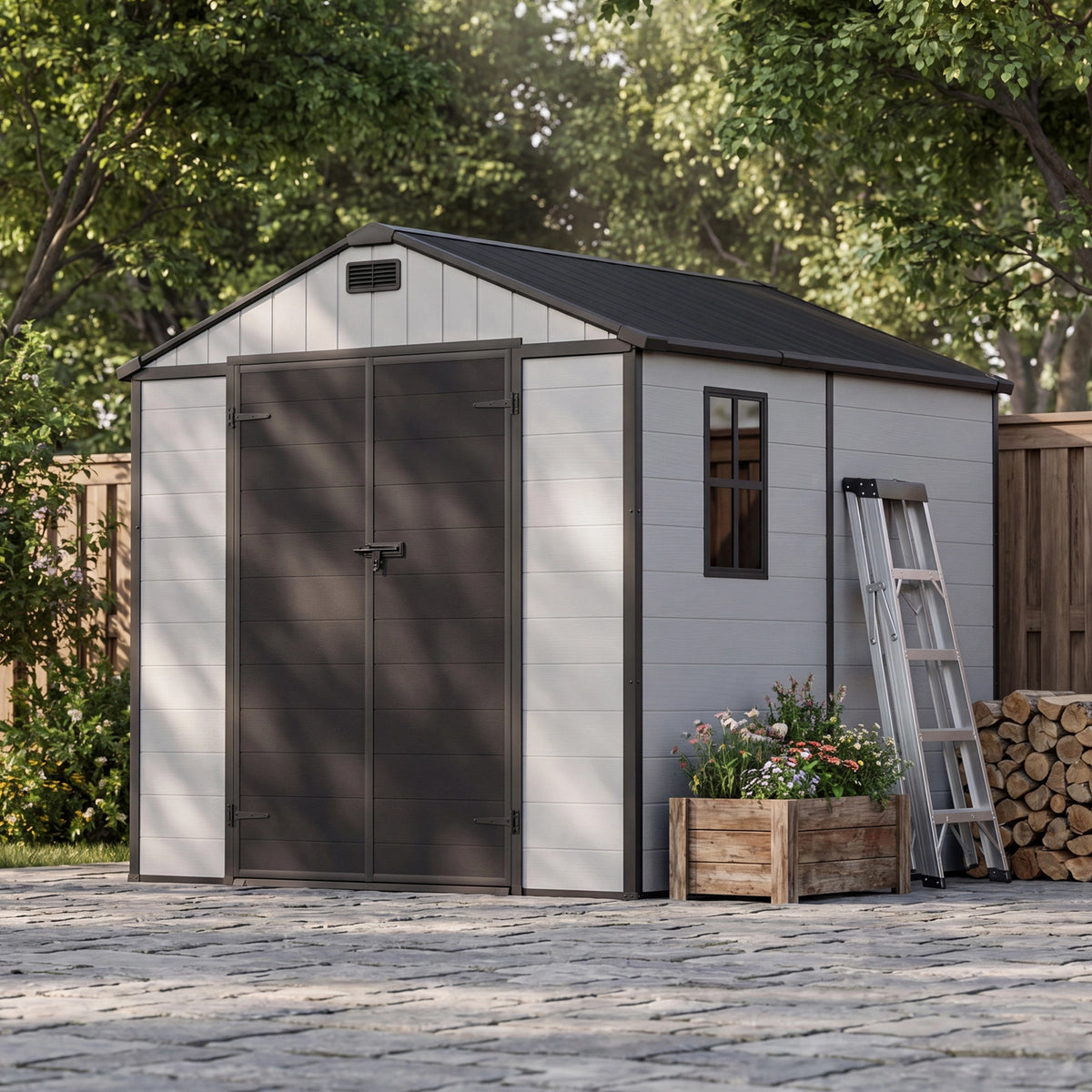 Patiowell 8x8 Plastic Storage Shed with Window and Lockable Door, Gray