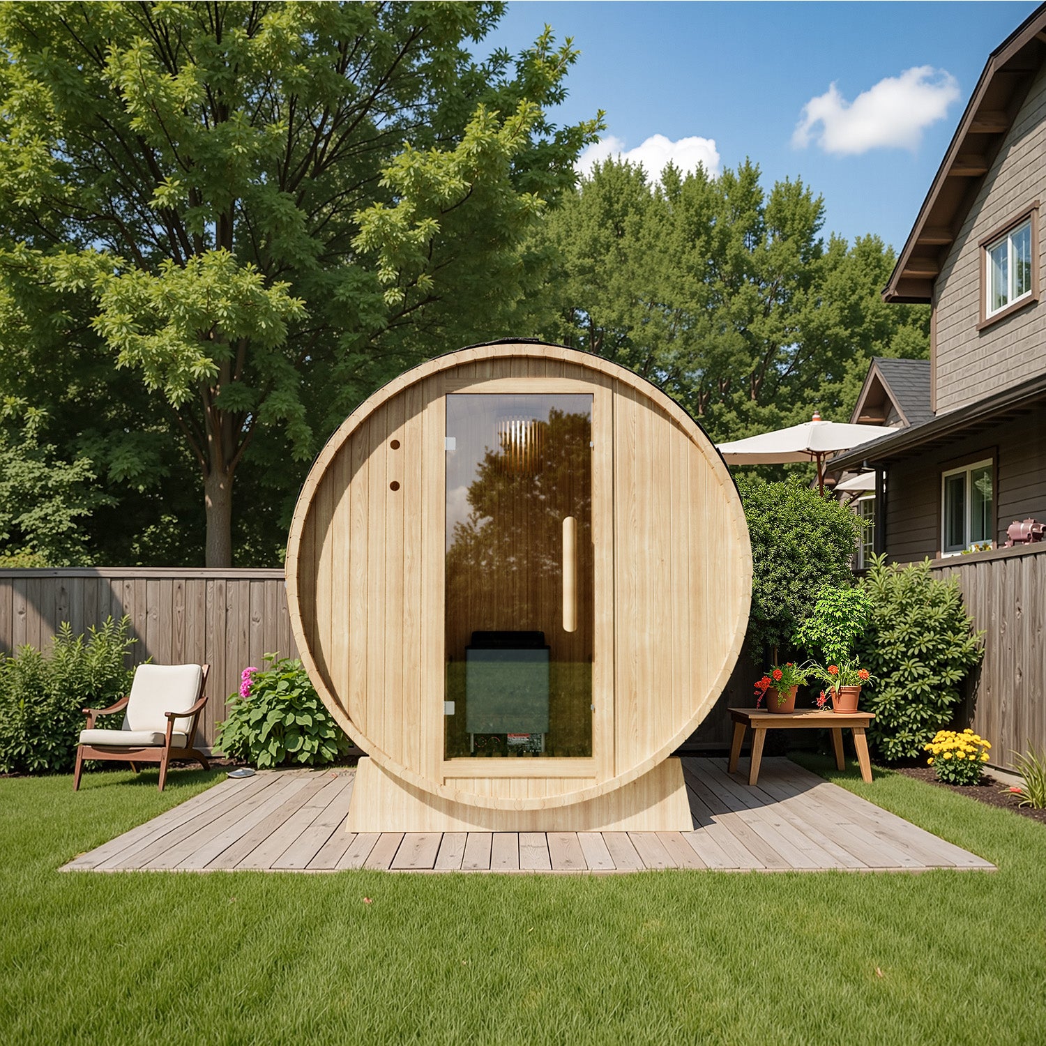 Patiowell_Outdoor_Barrel_Sauna in backyard