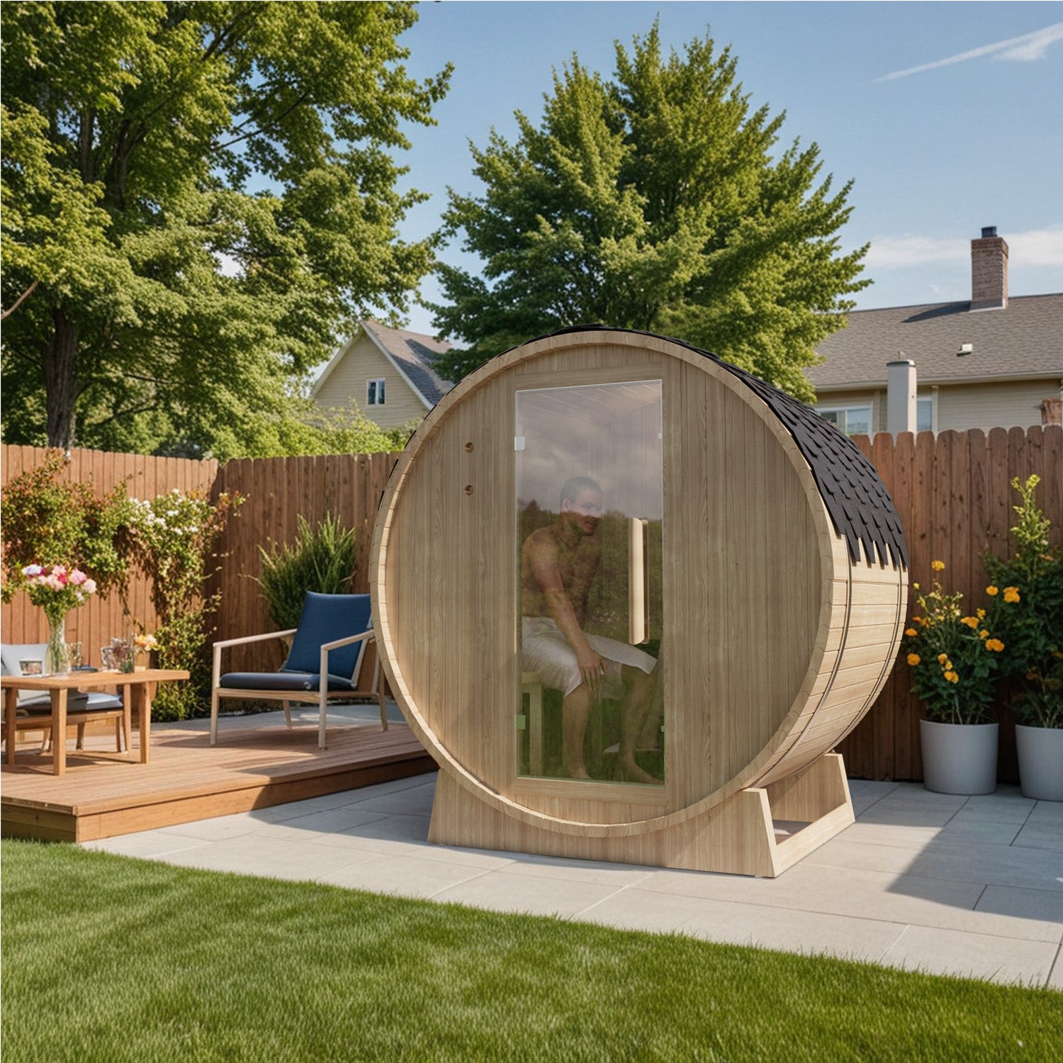Patiowell_Outdoor_Barrel_Sauna in yard