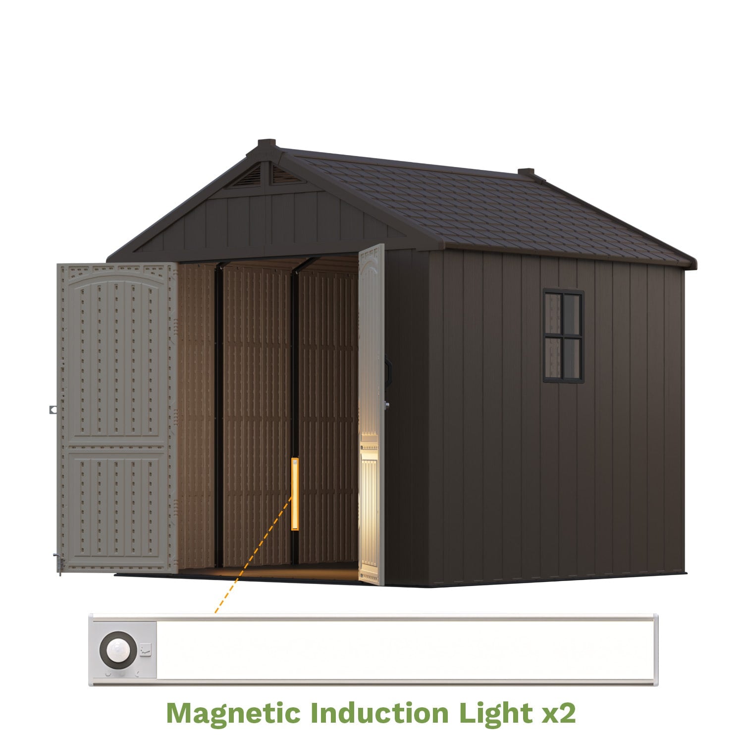 Patiowell_kick-it_8x8_plastic_shed with lights
color:brown|Led Lighting:included