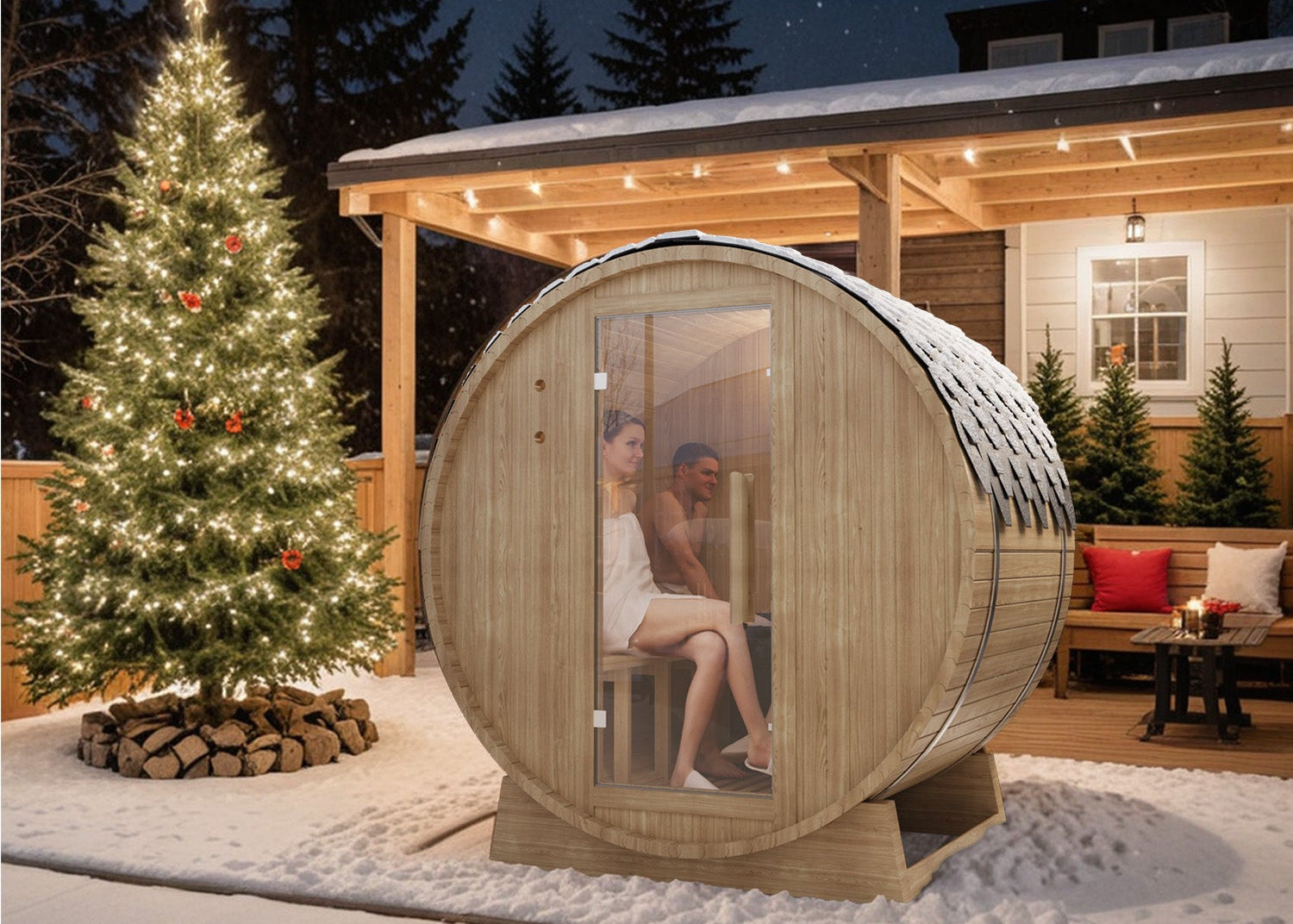 Patiowell 2-4 person barrel sauna in a snowy outdoor setting with a Christmas tree and cozy interior.