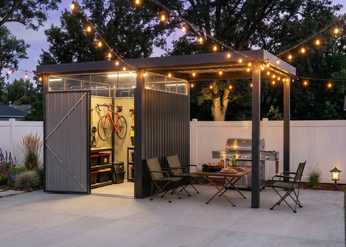 6x8 Metal Storage Shed with 7x8 Pergola Covered Porch