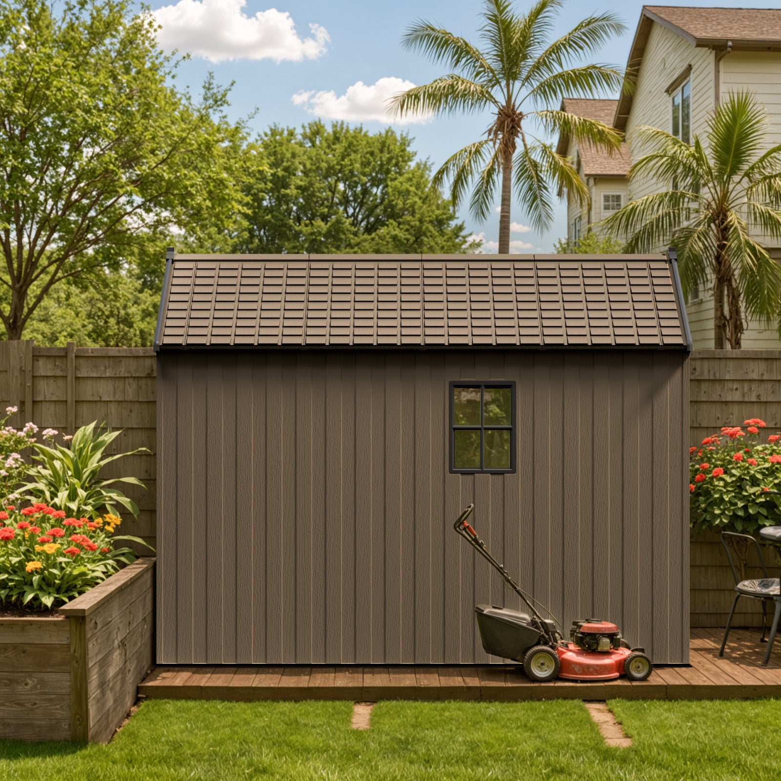 Patiowell Kick-it 8x8 Plastic Garden Storage Shed with Floor and Windows, Brown