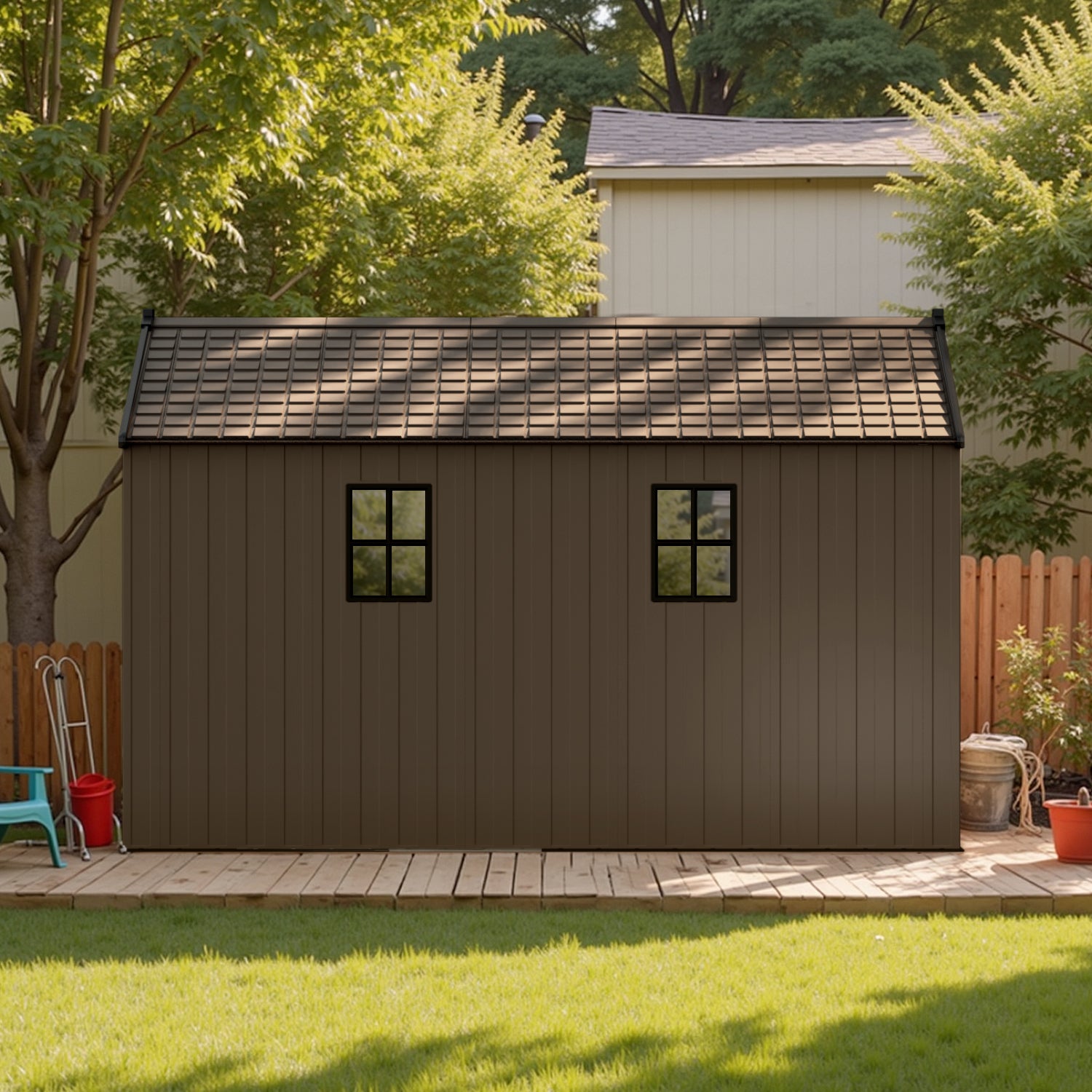 Kick-it 8x12 Plastic Storage Shed with Floor and Lights, Brown