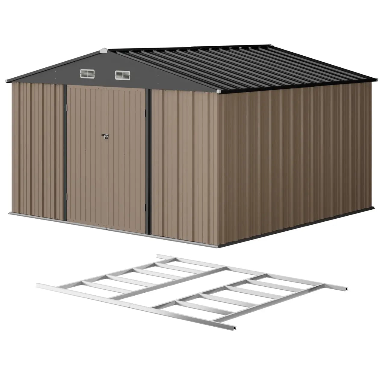 patiowell 10x10 metal storage shed in khaki color color:Khaki|style:with floor base