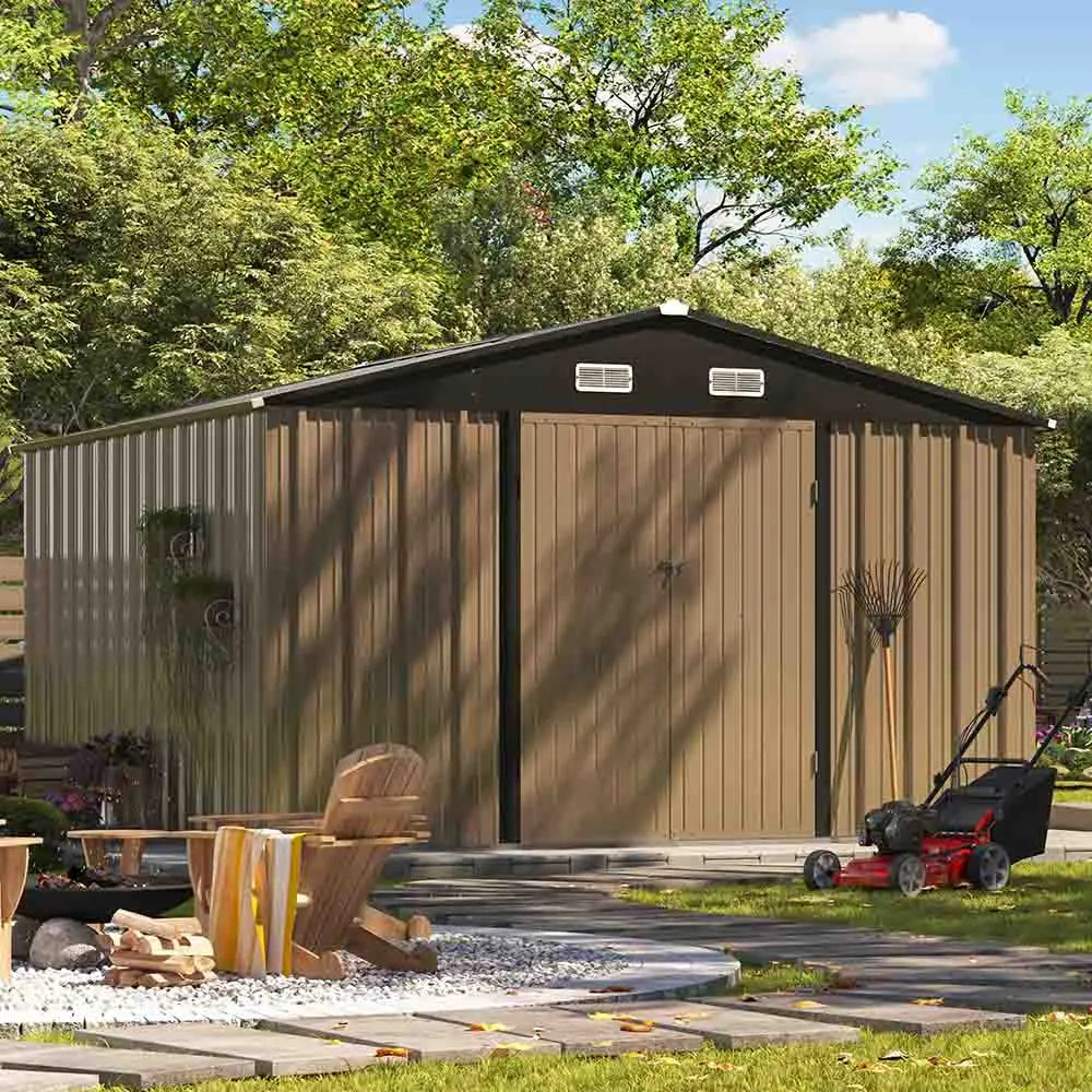 10x10 metal storage shed standing in a cozy backyard
color:brown|style:without floor base,with floor base
