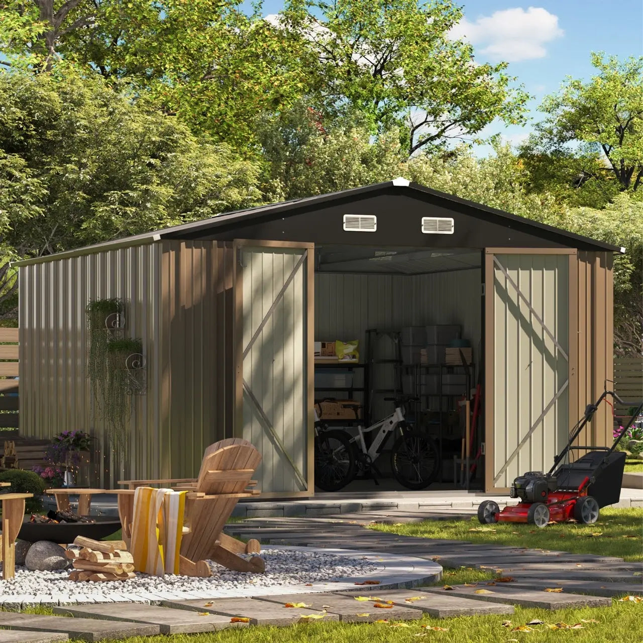 10x10 metal storage shed standing in a cozy backyard color:Khaki|style:without floor base,with floor base