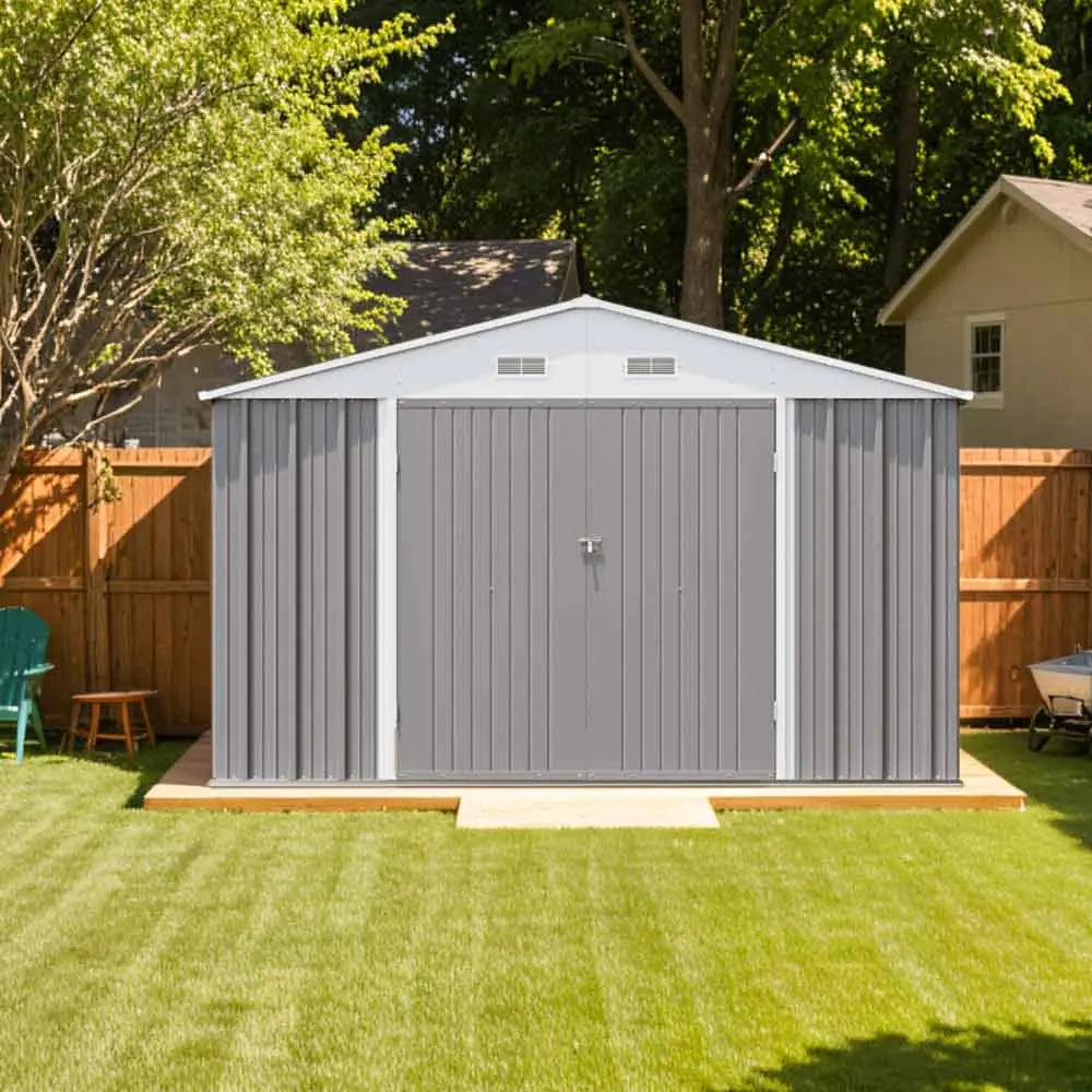 patiowell-10x12-large-storage-metal-shed in yard
color:cool gray|style:without floor base,with floor base
