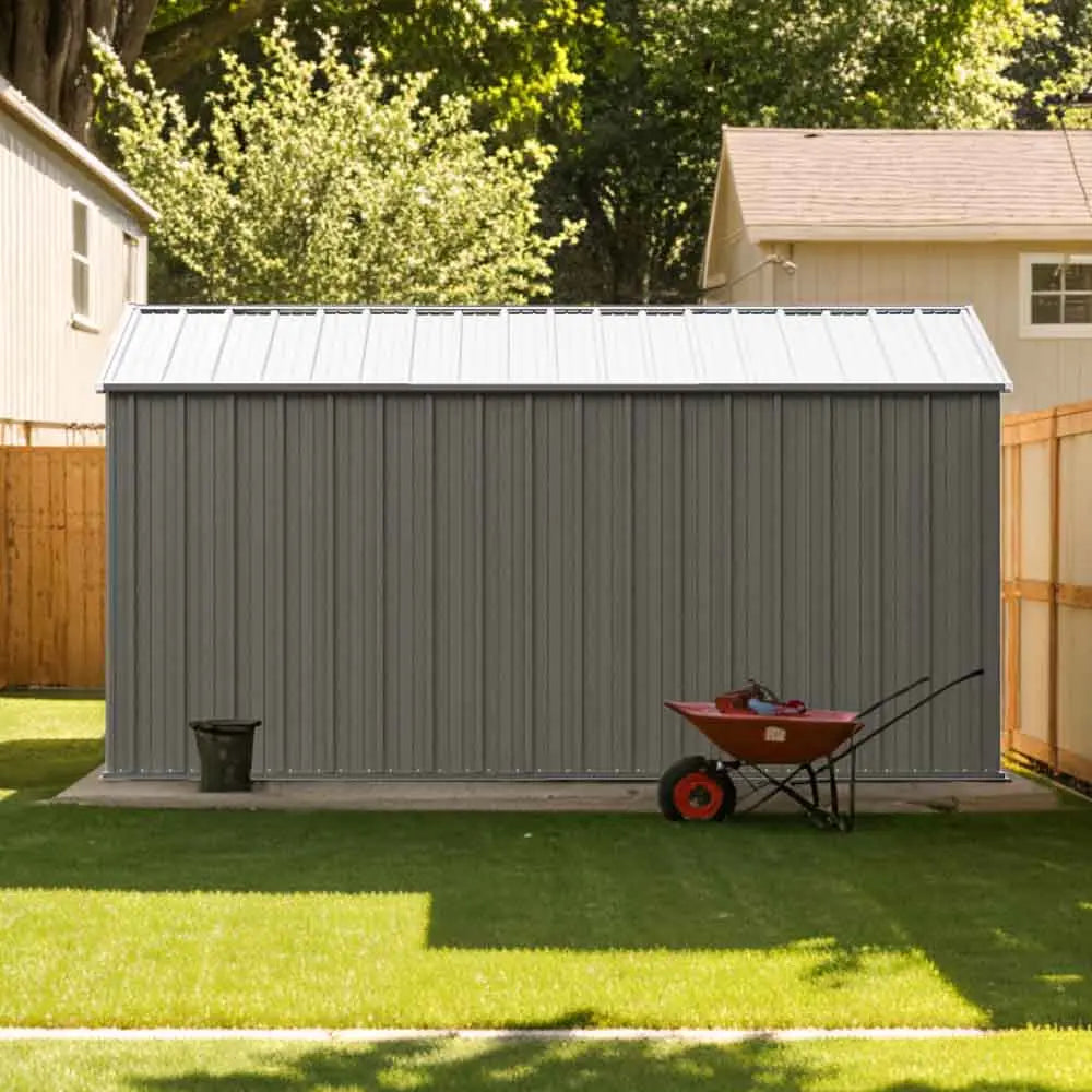 patiowell-10x12-large-storage-metal-shed in backyard
color:cool gray|style:without floor base,with floor base