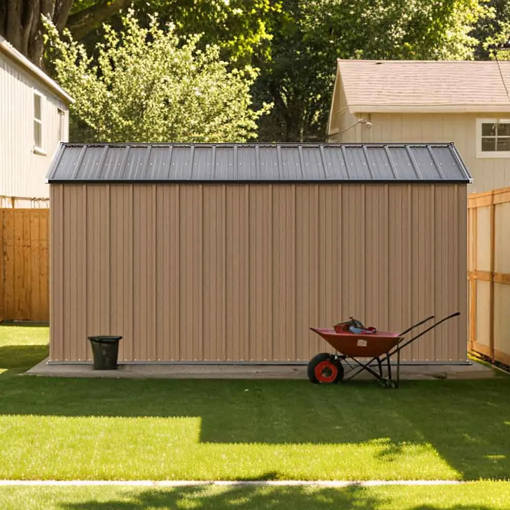 Patiowell 10x12 Metal Shed-Backyard color:Khaki|style:without floor base,with floor base