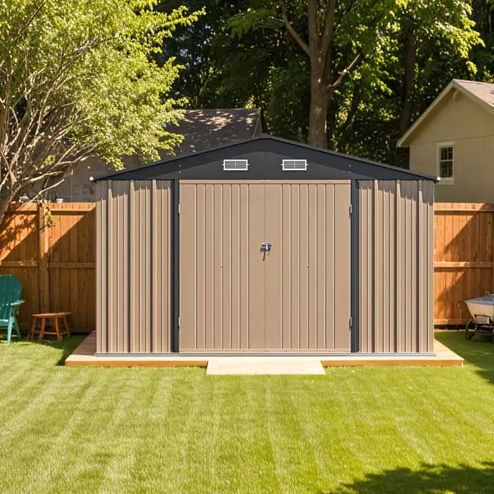 Patiowell 10x12 Metal Shed-Backyard color:Khaki|style:without floor base,with floor base