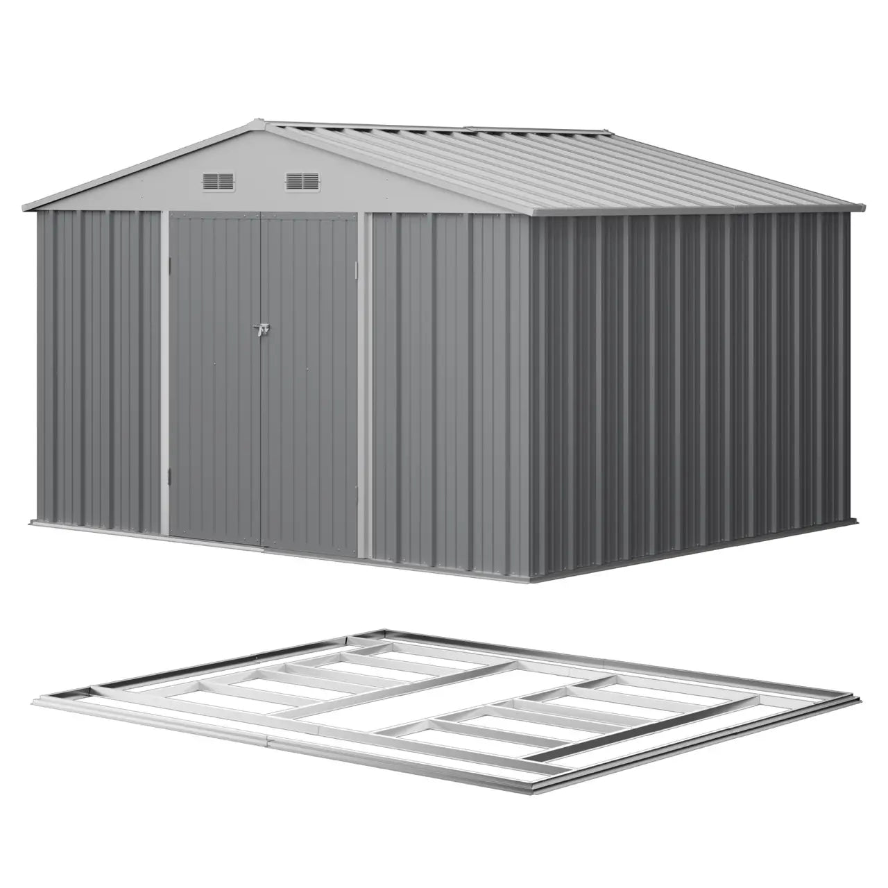 patiowell 10x10 metal storage shed in cool gray color color:cool gray|style:with floor base