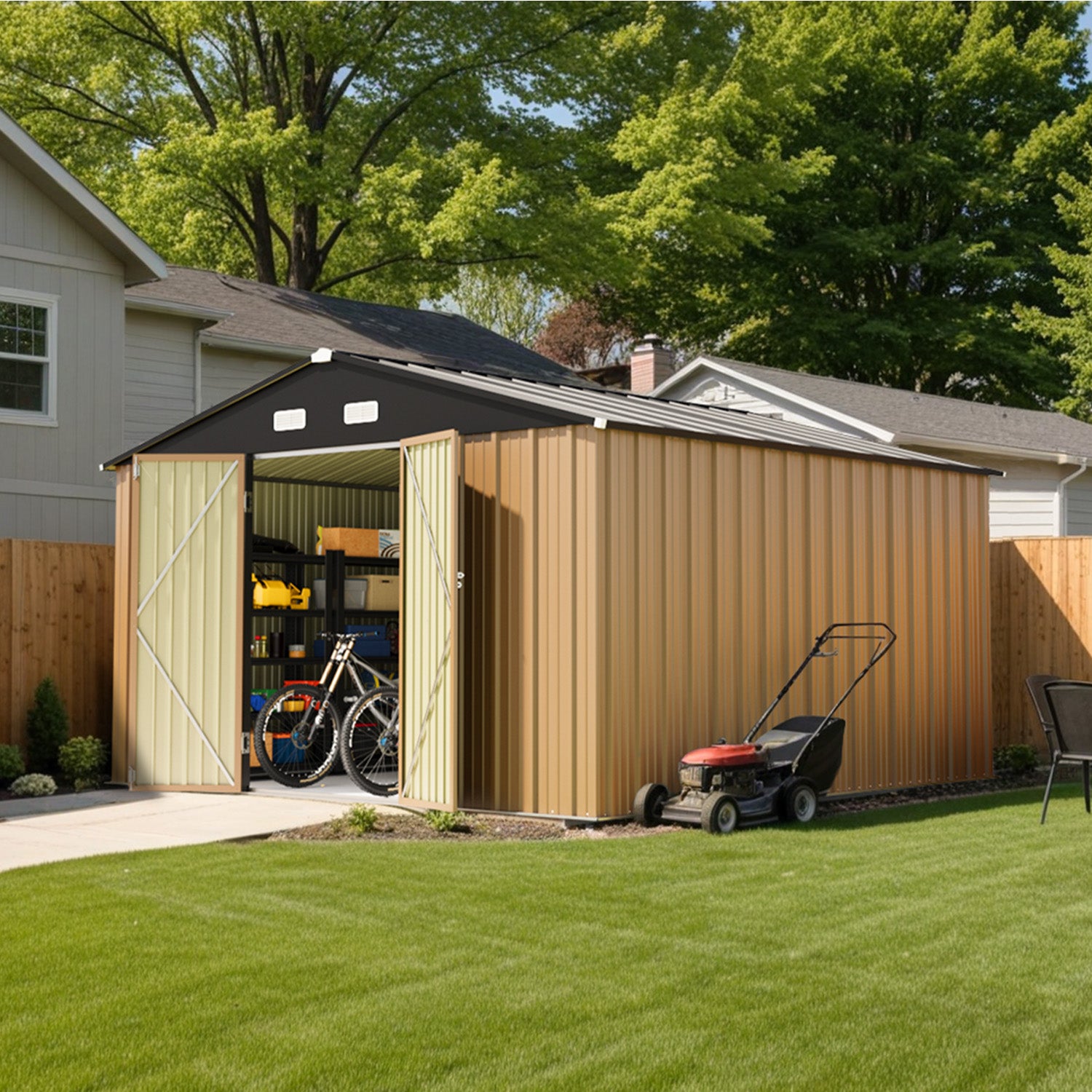patiowell 12x12 storage metal shed
color:Khaki|Size:12x12