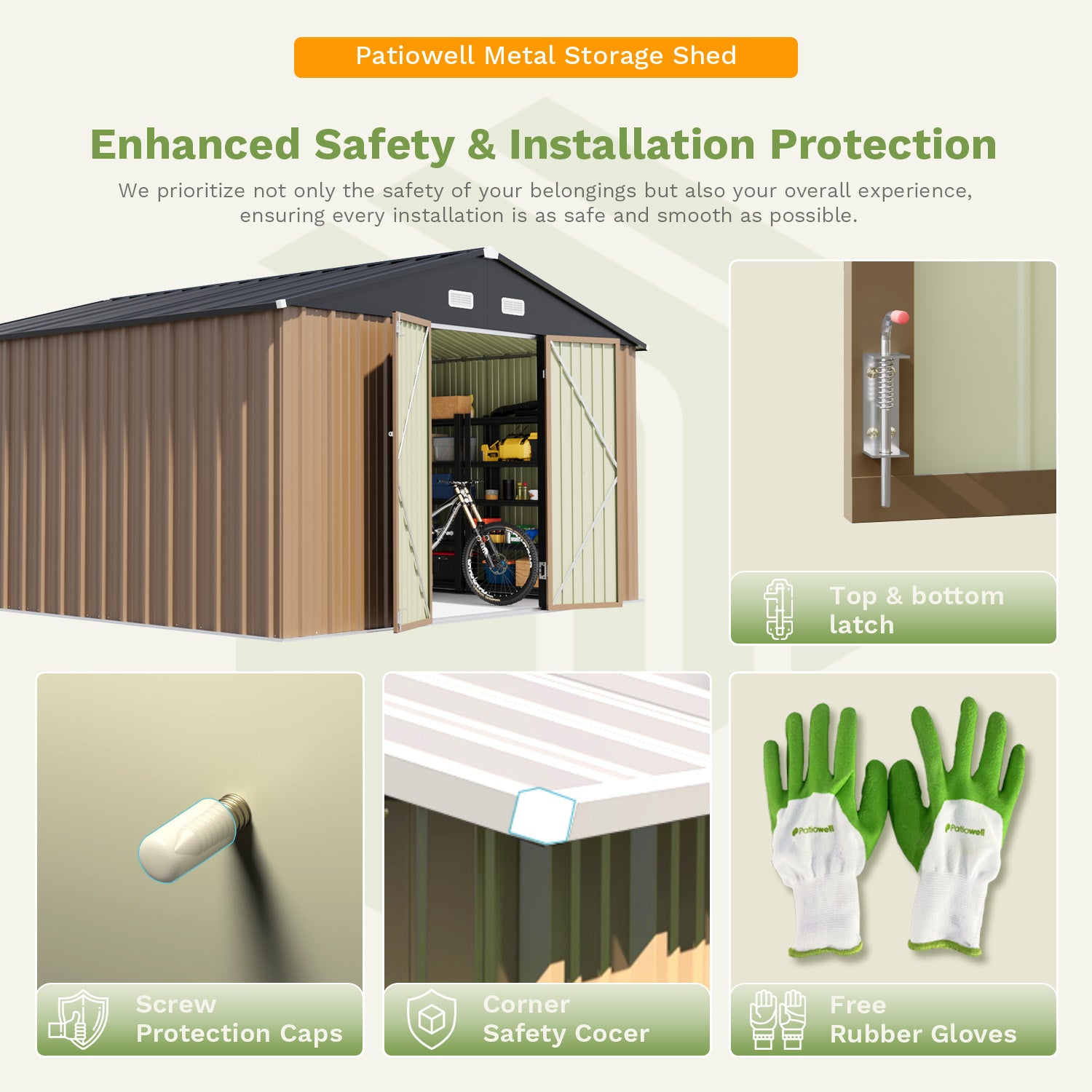 patiowell 12x12 outdoor metal shed features
color:Khaki|Size:12x12