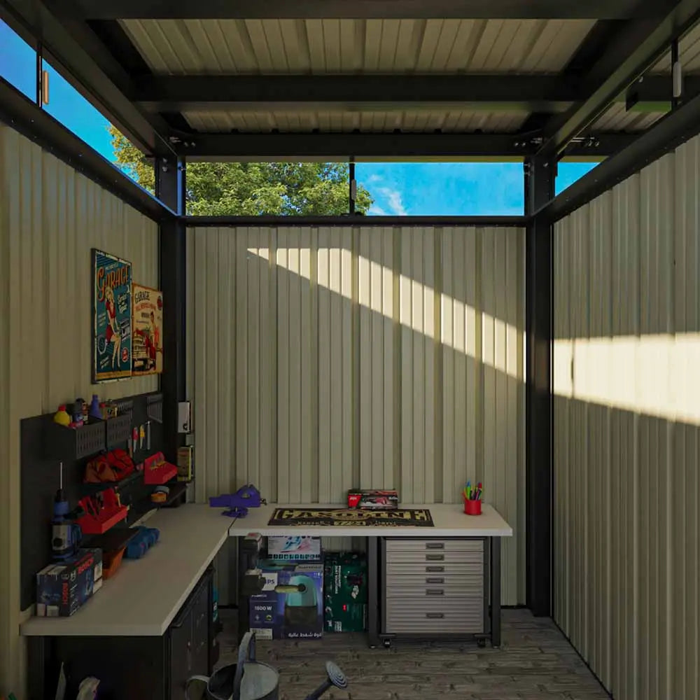 the sun shines through the windows of 2-in-1 7x7 Shed with a 7x7 Open-Sided Firewood Shed in the backyard