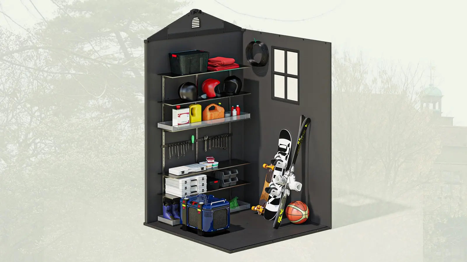 4x4 plastic storage shed interior storage for backyard tools.