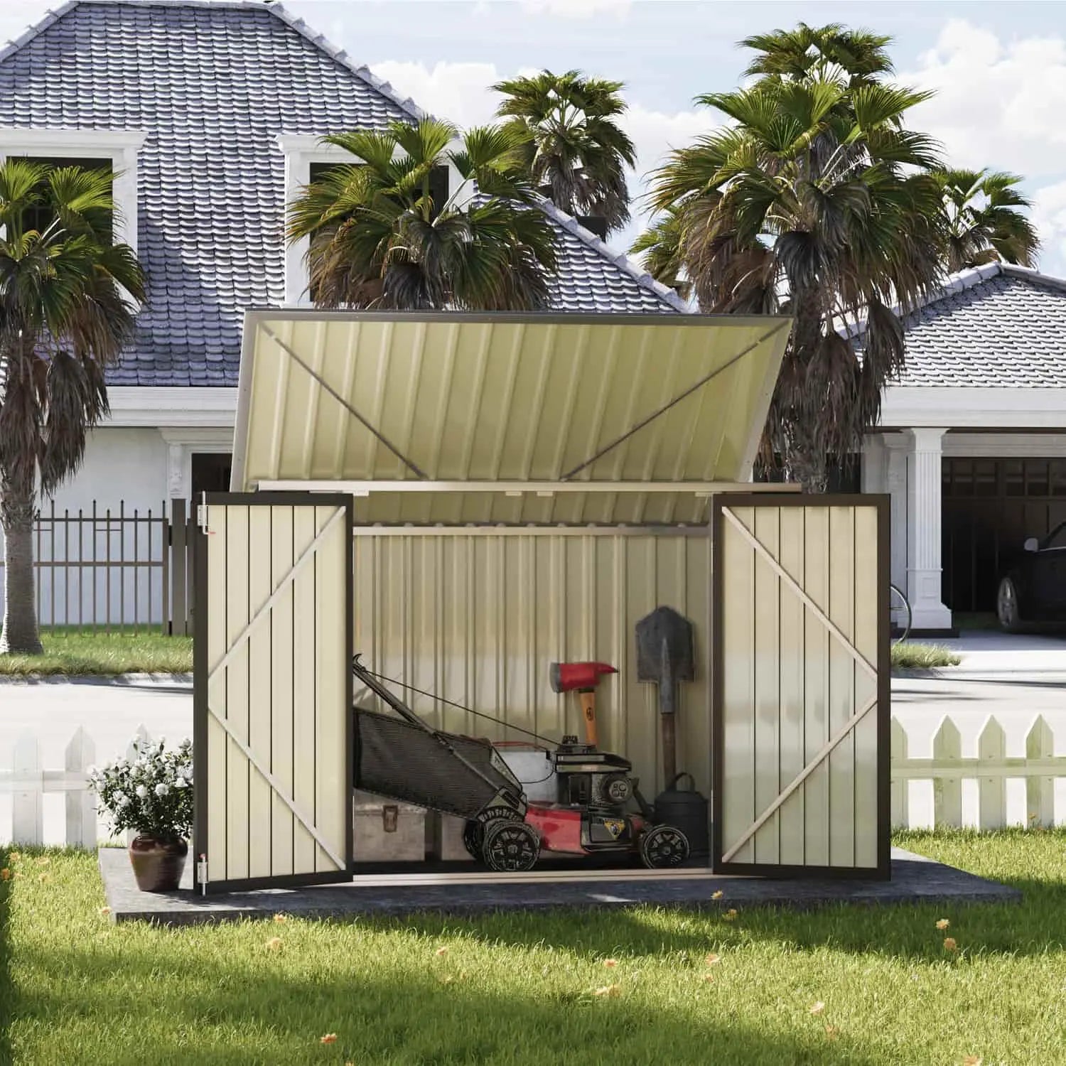 6x3 metal bike storage shed filled with garden tool