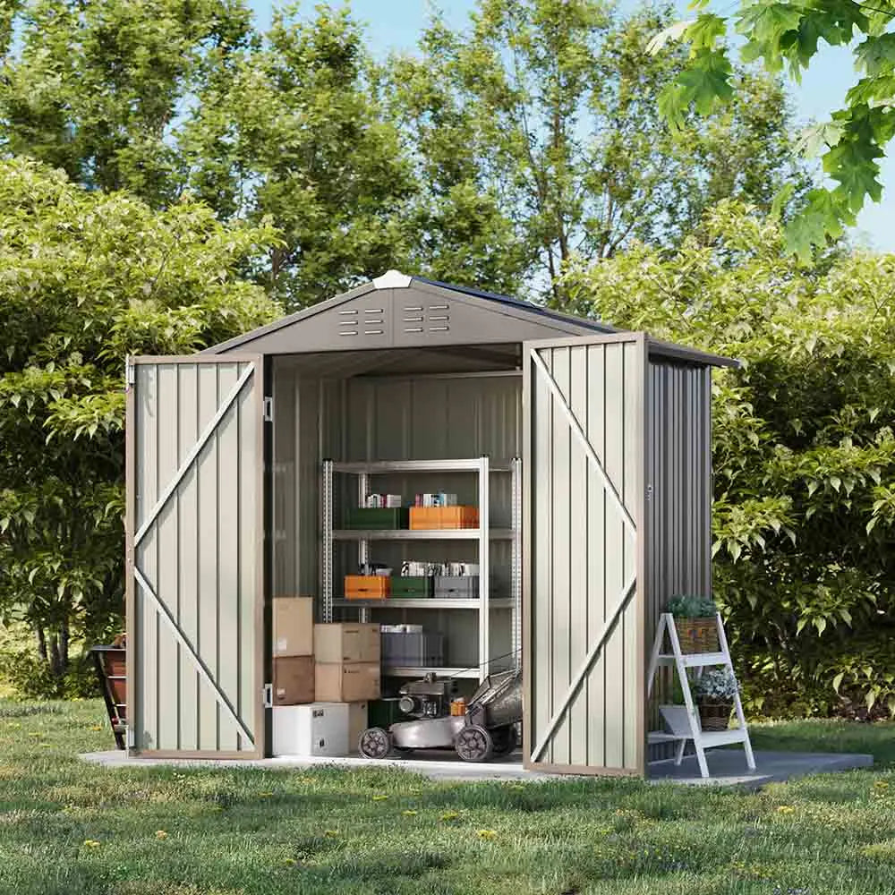 6x4 metal storage shed standing in the backyard
color:brown,white