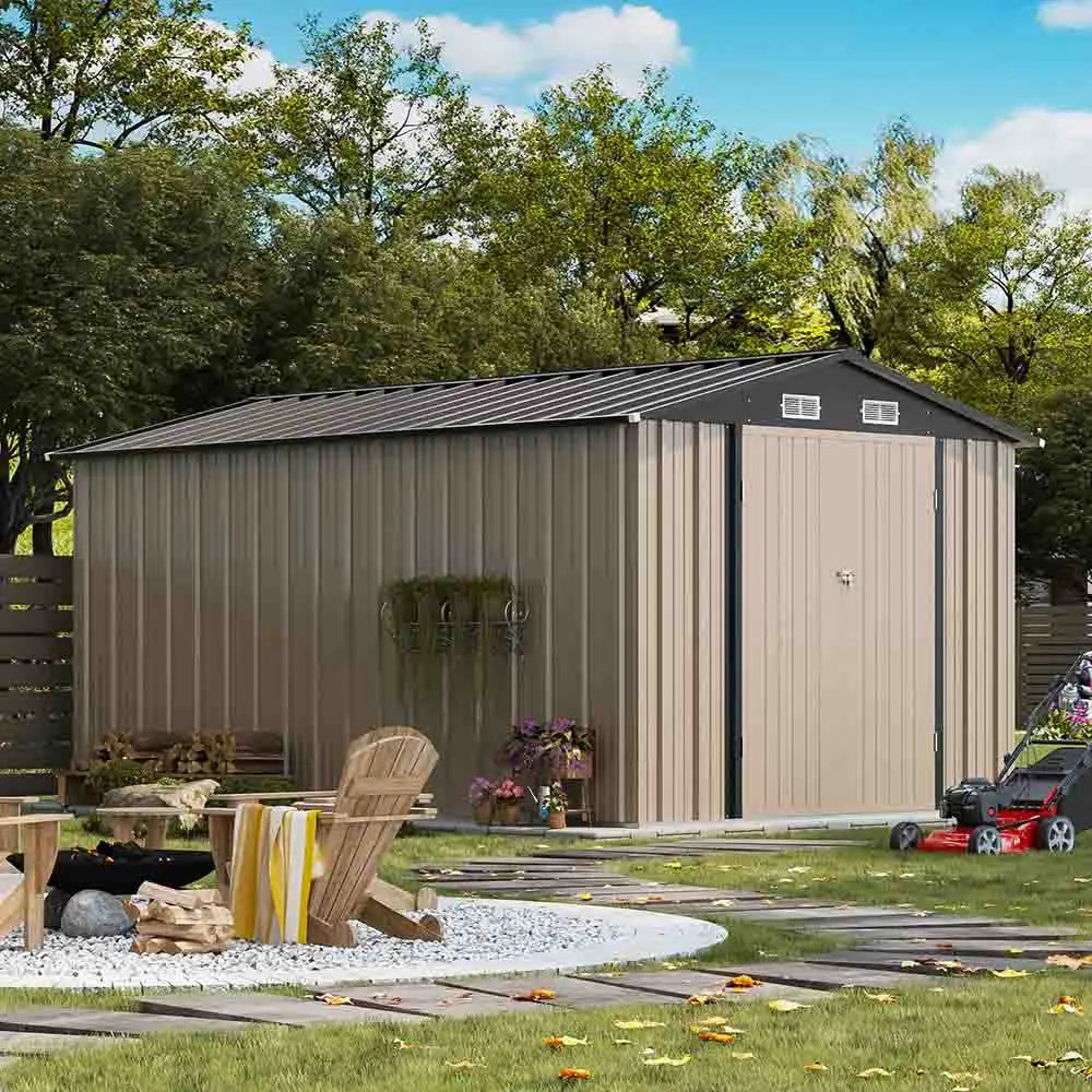patiowell-8x12-metal-shed in backyard
color:Khaki