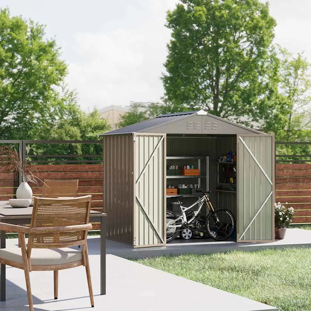 8x6 metal storage shed standing in the backyard
color:brown