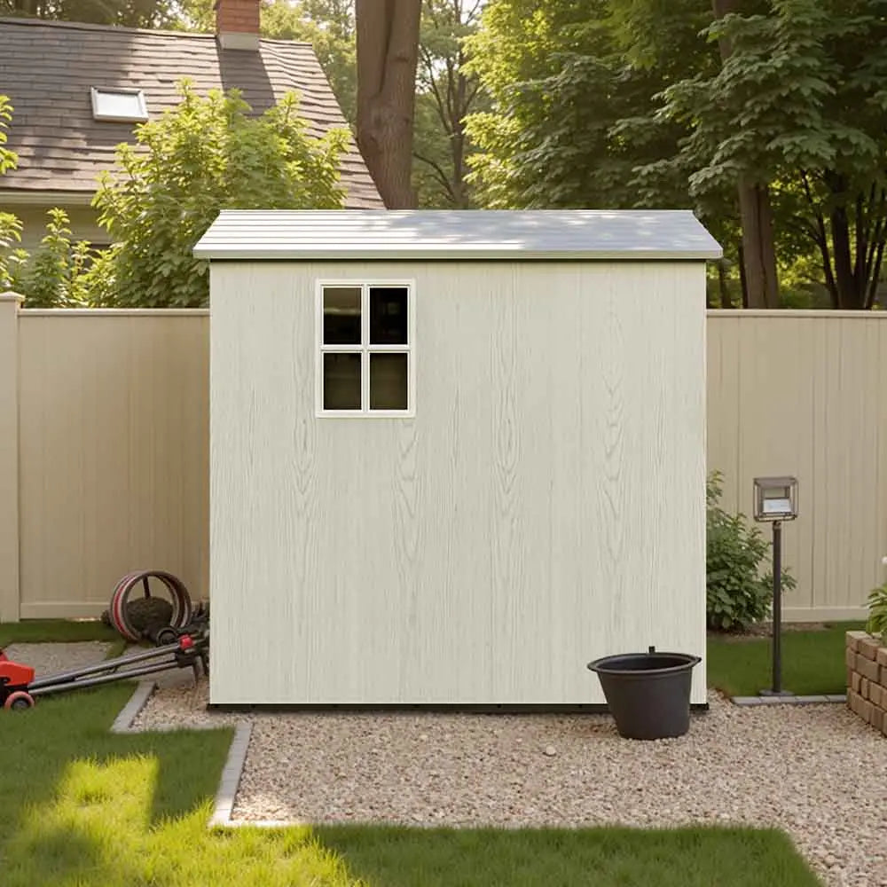 fit-it 4x6 plastic storage shed standing in backyard
color:white