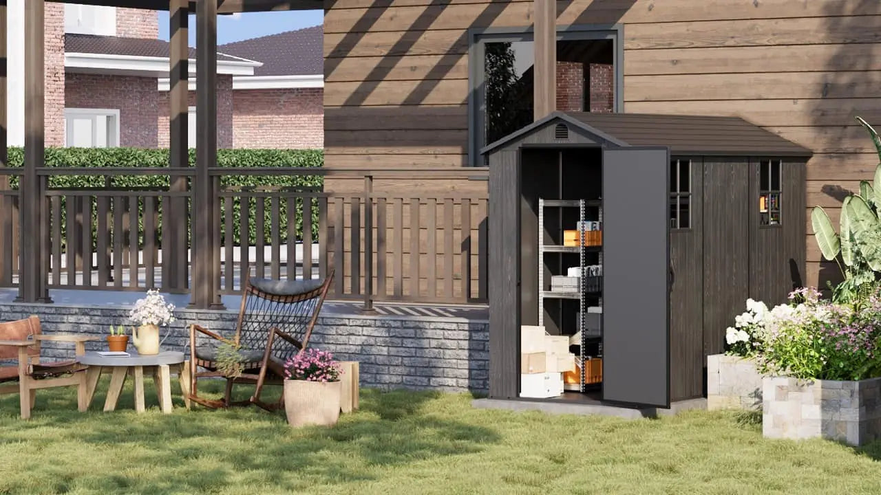 4x8 plastic storage shed fits in a patio corner