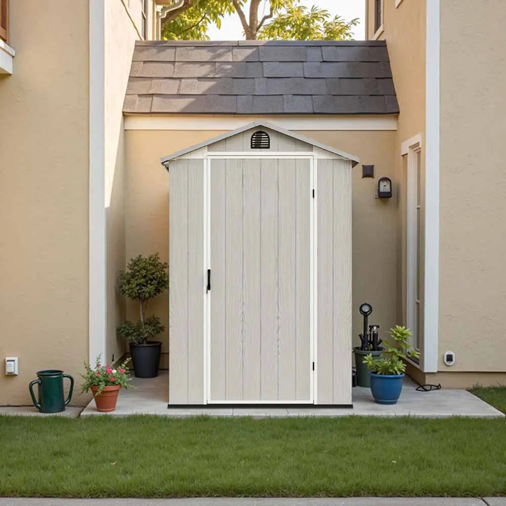 patiowell fit-it 4x8 plastic storage shed scene color:white