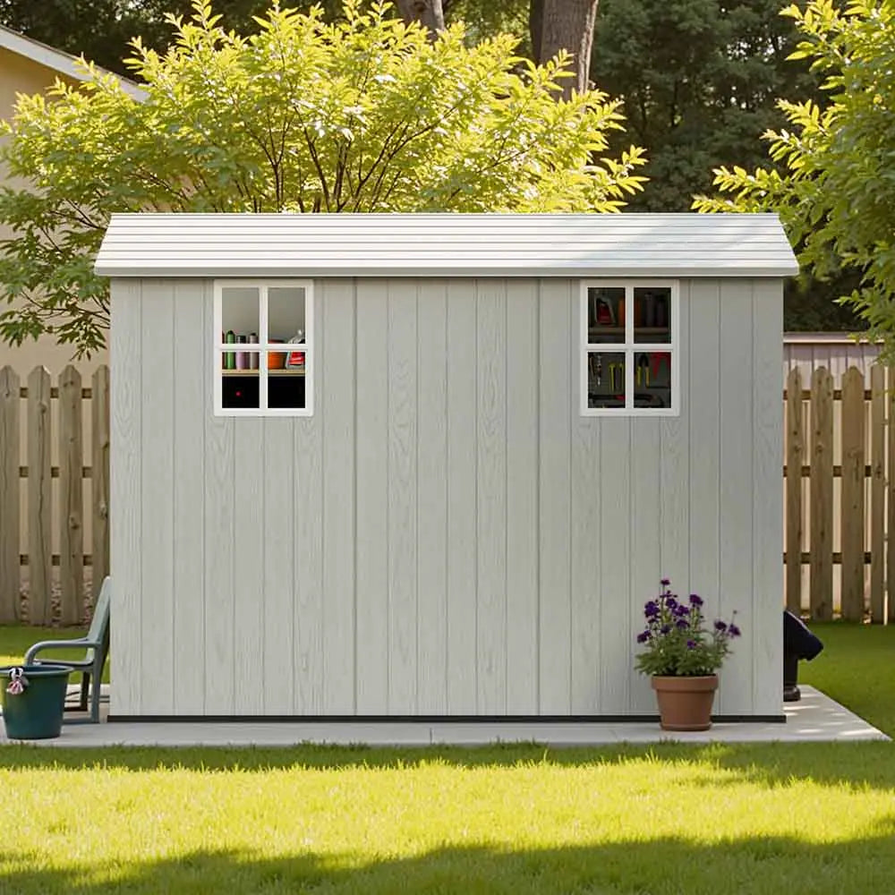 patiowell fit-it 4x8 plastic storage shed scene color:white