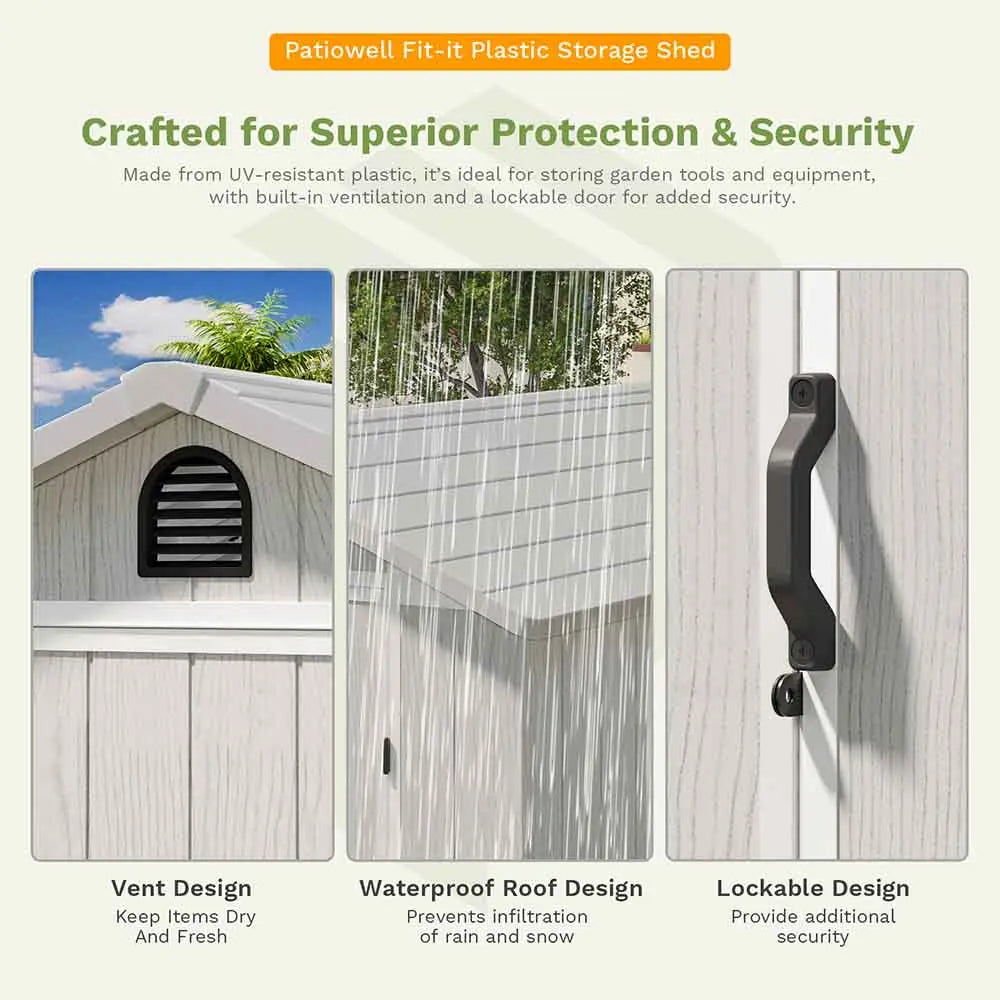 fit-it plastic storage shed vent design roof design and lockable design color:cool gray,white