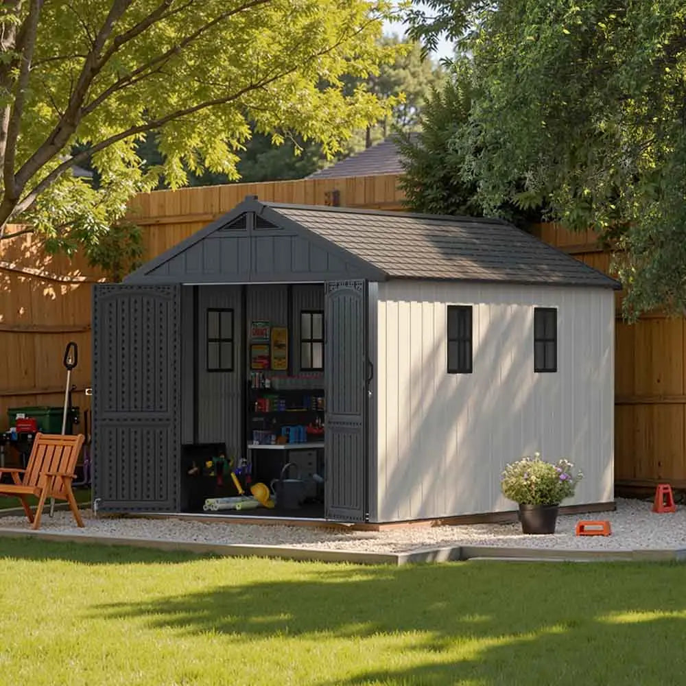 patiowell_8x12_kick_it_plastic_shed in yard
color:gray white|Size:8x12