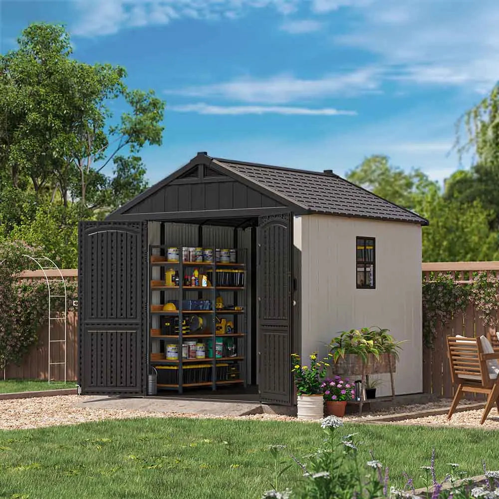 patiowell kick-it 8x8 plastic storage shed standing in backyard filled with storage items
