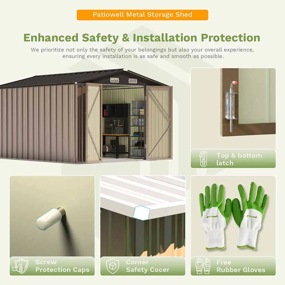 patiowell metal storage shed enhanced safety and installation protection color:Khaki|style:without floor base,with floor base|floor:with floor,without floor