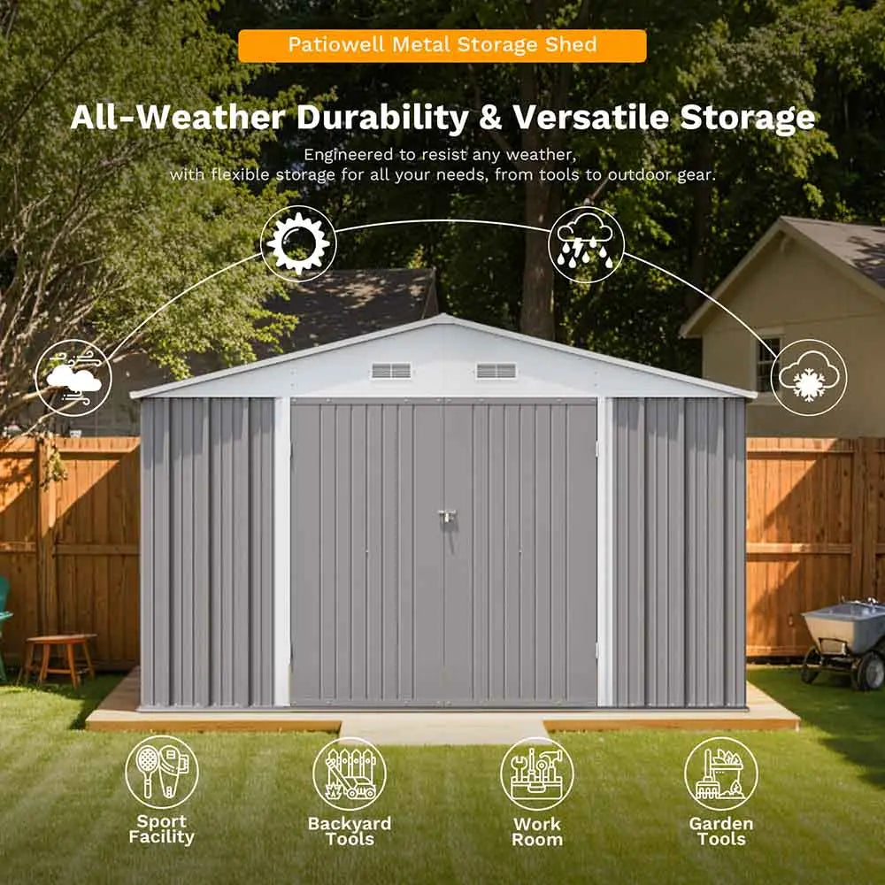 patiowell-large-metal-storage-shed features
color:cool gray|style:without floor base,with floor base|floor:with floor,without floor